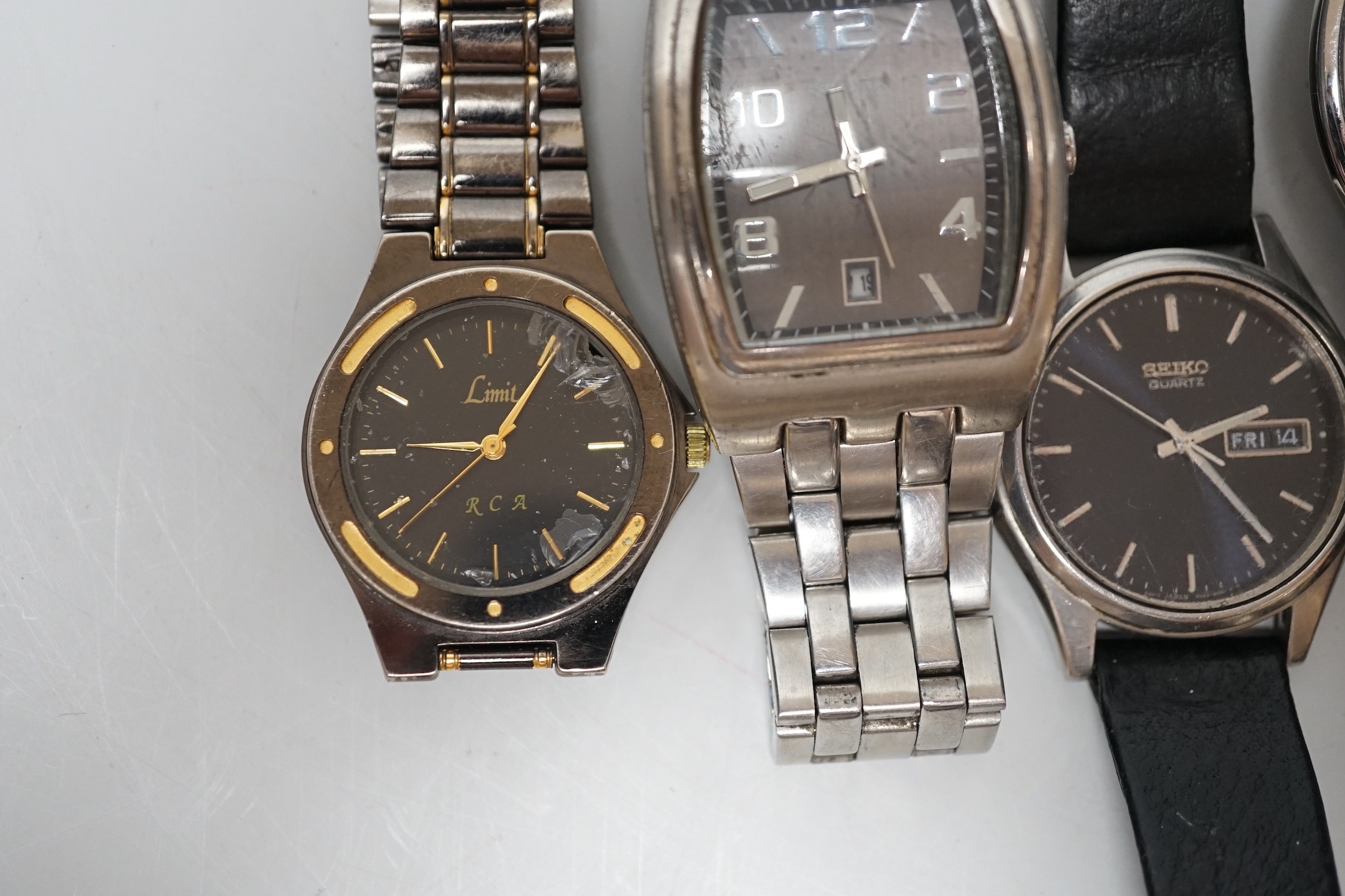 Five assorted modern gentleman's steel wrist watches, including Seiko, Sekonda and Limit.